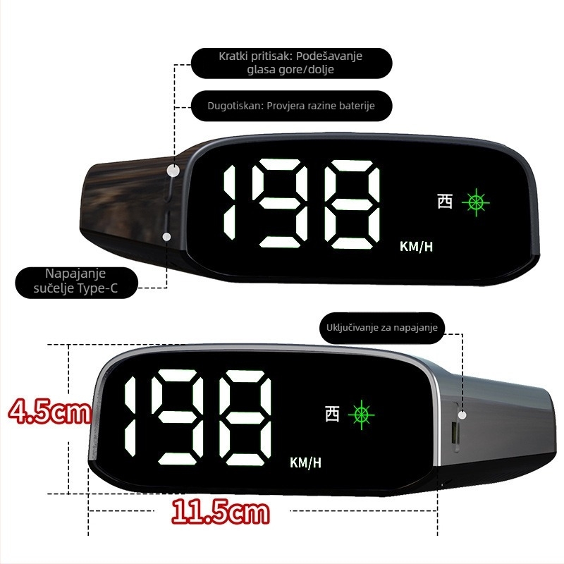 Automobilski solarni HUD zaslon - LCD HUD zaslon, GPS ulaz, solarno napajanje, ABS+PC materijal, težina 0,15 kg