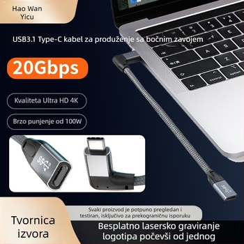 Type-C bočno zakrivljeni produžni kabel USB 3.1 Data, PD brzo punjenje, duljina 0,5–5 m, 100W max