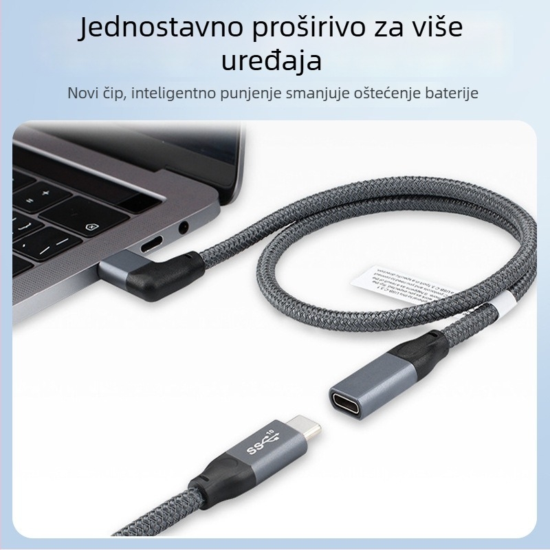 Type-C bočno zakrivljeni produžni kabel USB 3.1 Data, PD brzo punjenje, duljina 0,5–5 m, 100W max