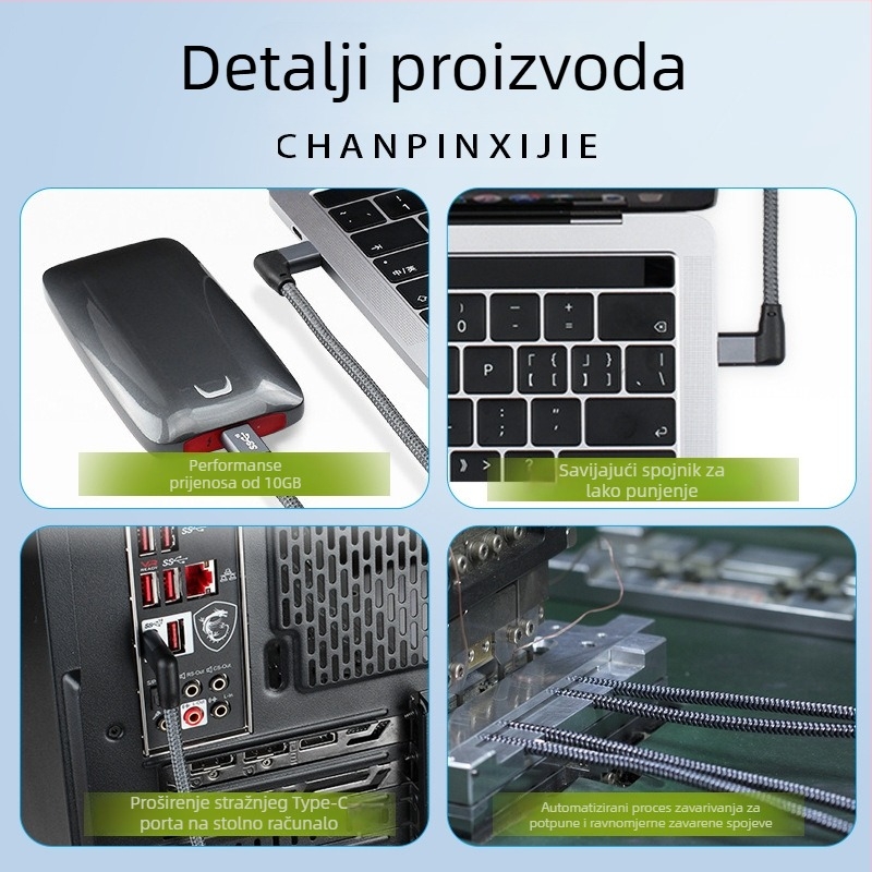 Type-C bočno zakrivljeni produžni kabel USB 3.1 Data, PD brzo punjenje, duljina 0,5–5 m, 100W max