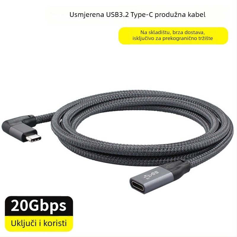 Type-C bočno zakrivljeni produžni kabel USB 3.1 Data, PD brzo punjenje, duljina 0,5–5 m, 100W max