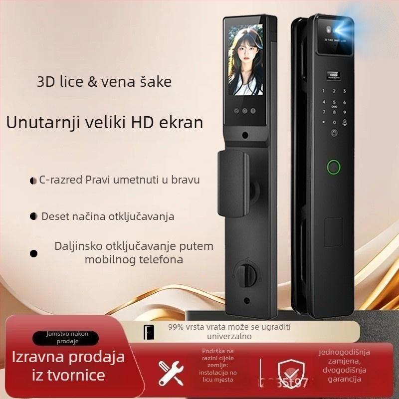 Pametna brava za vrata s 3D prepoznavanjem lica, dvostrukim zaslonom, vizualnim prozorom, pristup otiskom prsta ili lozinkom (skeniranje <0.1 s; FAR <0.001%)