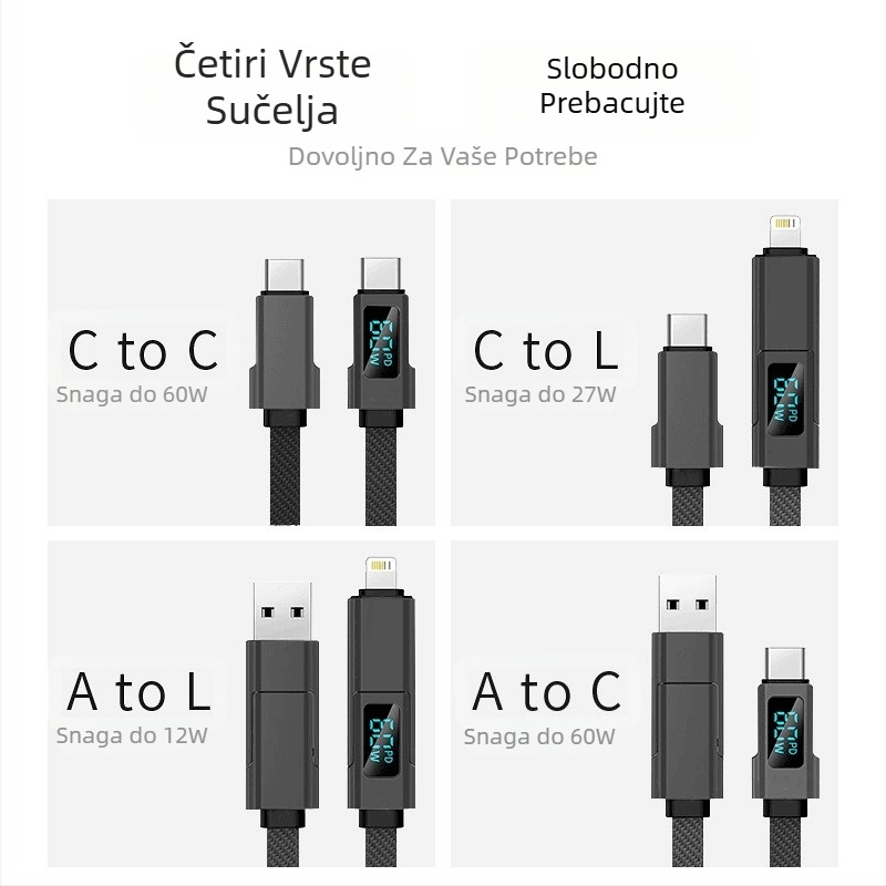 4-u-1 kabel za podatkovni prijenos uz brzo punjenje – Lightning i Type-C, dizajn dvostrukog grananja, 100W, cinkova legura