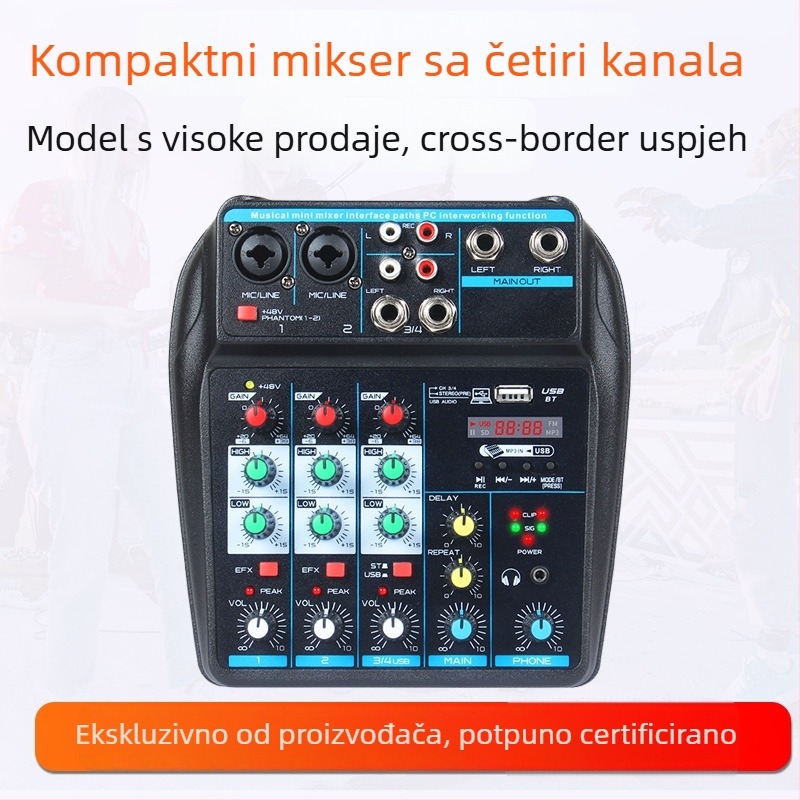 4-kanalni USB mini mikser s Bluetoothom, reverberacijom, ulaz za mikrofón, izlaz 6,5 mm