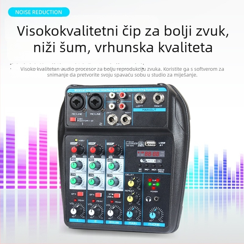 4-kanalni USB mini mikser s Bluetoothom, reverberacijom, ulaz za mikrofón, izlaz 6,5 mm
