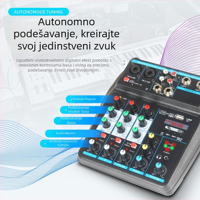 4-kanalni USB mini mikser s Bluetoothom, reverberacijom, ulaz za mikrofón, izlaz 6,5 mm