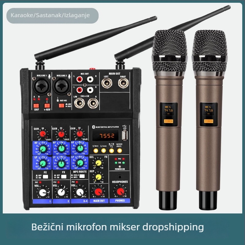 2-kanalni mikser s integriranim pojačalom i Bluetoothom, KTV mikrofon sustav, raspon frekvencija 100 Hz–20 kHz, SNR ≥70 dB