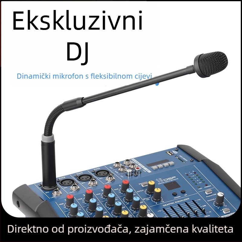 Dinamični mikrofon s fleksibilnom šijom (gooseneck), 3-pinski XLR priključak, model DJ Mac – za pozornicu, žive nastupe i sastanke; frekvencijski odziv 20 Hz–20 kHz, SNR ≥70 dB, phantom napajanje 48 V