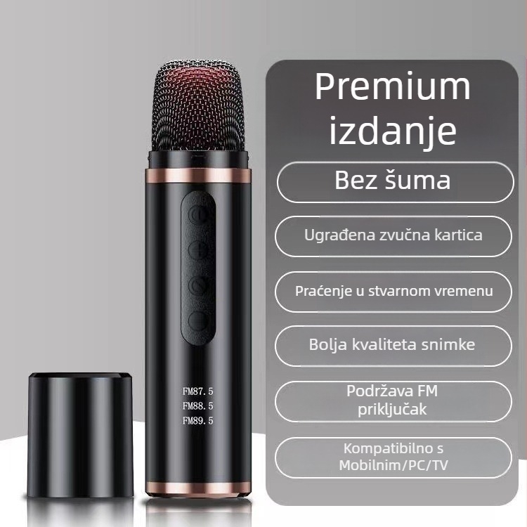 Bežični automobilni karaoke mikrofon, model Q1 — Bluetooth 5.0, ugrađena baterija 300–500 mAh, frekvencijski odziv 100 Hz–20 kHz, SNR ≥85 dB