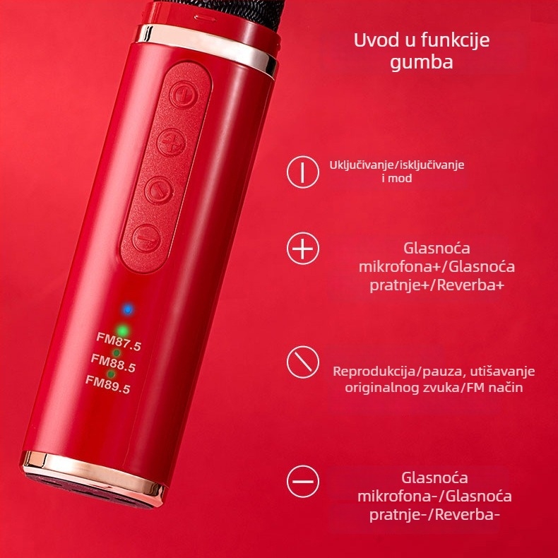 Bežični automobilni karaoke mikrofon, model Q1 — Bluetooth 5.0, ugrađena baterija 300–500 mAh, frekvencijski odziv 100 Hz–20 kHz, SNR ≥85 dB