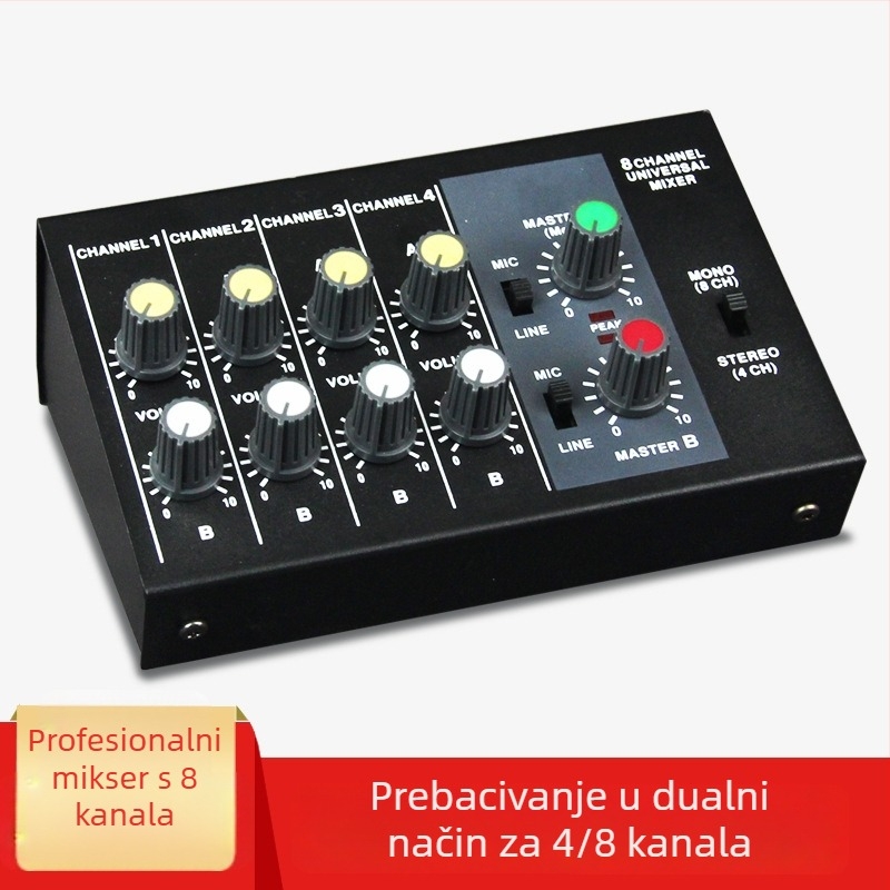8-kanalni mikser Mix428 s mikrofonnim reverberatorom, proširenje mikrofona, 6,5 mm sučelje, napajanje 12V, model 4/8
