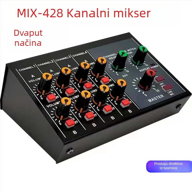 8-kanalni mikser Mix428 s mikrofonnim reverberatorom, proširenje mikrofona, 6,5 mm sučelje, napajanje 12V, model 4/8