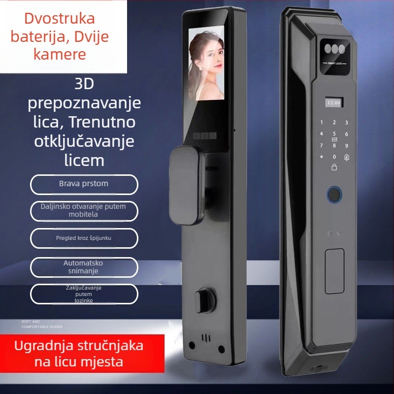 Pametna brava za kućna vrata s prepoznavanjem lica, otiskom prsta i daljinskim video interkomom — model S48, kapacitet 100 otisaka, >3000 otključavanja, skeniranje <0,2 s, 1:N usporedba