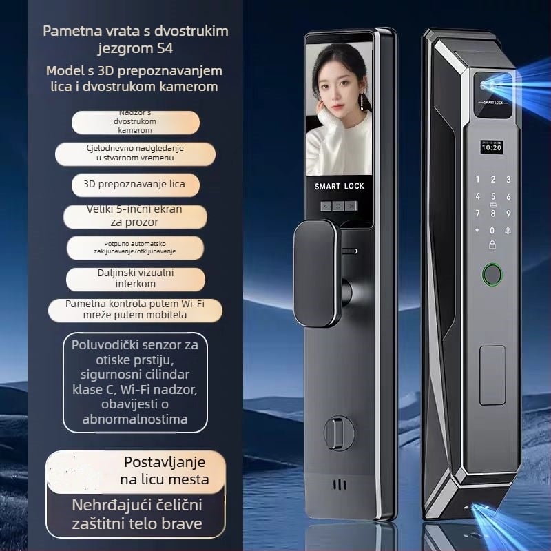 Pametna brava za kućna vrata s prepoznavanjem lica, otiskom prsta i daljinskim video interkomom — model S48, kapacitet 100 otisaka, >3000 otključavanja, skeniranje <0,2 s, 1:N usporedba