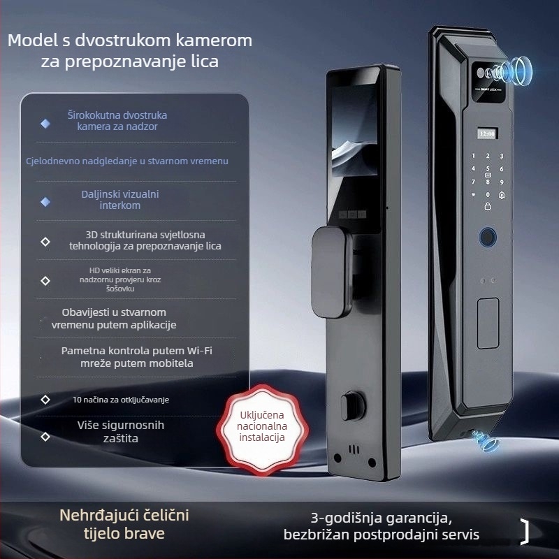 Pametna brava za kućna vrata s prepoznavanjem lica, otiskom prsta i daljinskim video interkomom — model S48, kapacitet 100 otisaka, >3000 otključavanja, skeniranje <0,2 s, 1:N usporedba