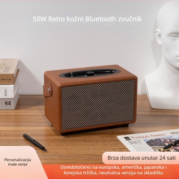 Drveni Bluetooth zvučnik s kožnom futrolom – stolni retro stereo, 20W+20W, BT 5.0, 65Hz-20kHz, domet 10 m, ugrađena baterija
