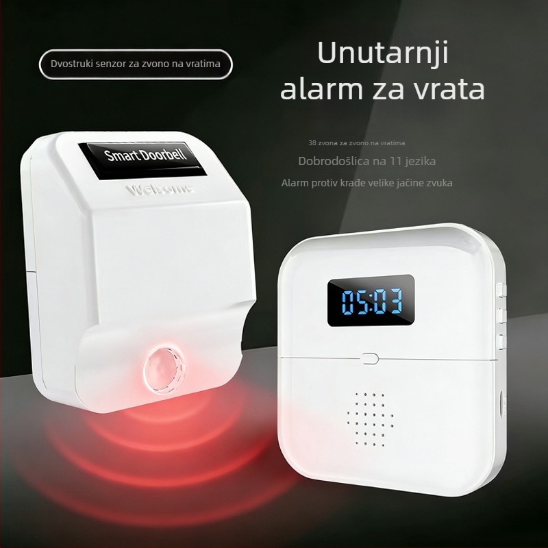 Inteligentni podijeljeni bežični zvono za vrata sa senzorom tijela, visok volumen; 11 jezika + 38 melodija; napajanje USB/struja/baterija; pogodan za trgovinu, skladište, vilu ili kuću