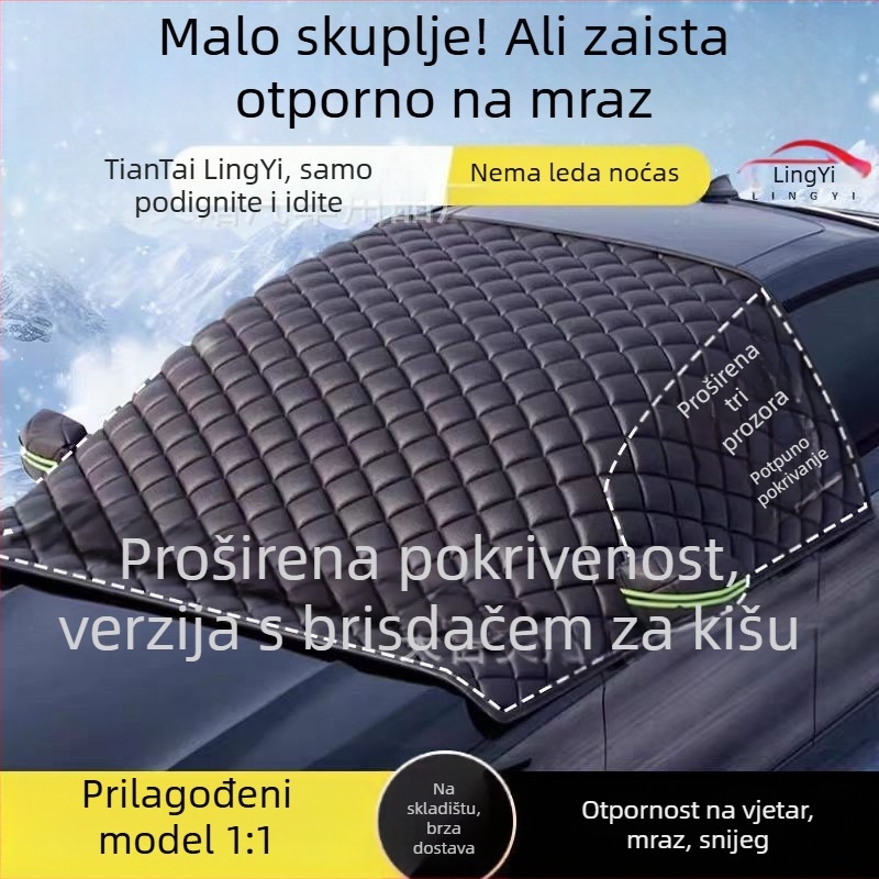 Pokrov za automobil – polupokrival prednjeg dijela za sve godišnje doba; zaštita od sunca, toplinske izolacije, snijega, kiše i smrzavanja; univerzalno za prednji dio. Materijal: aluminijska folija; Stil: debeli; Uzorak: pruge; Instalacija: snap-in
