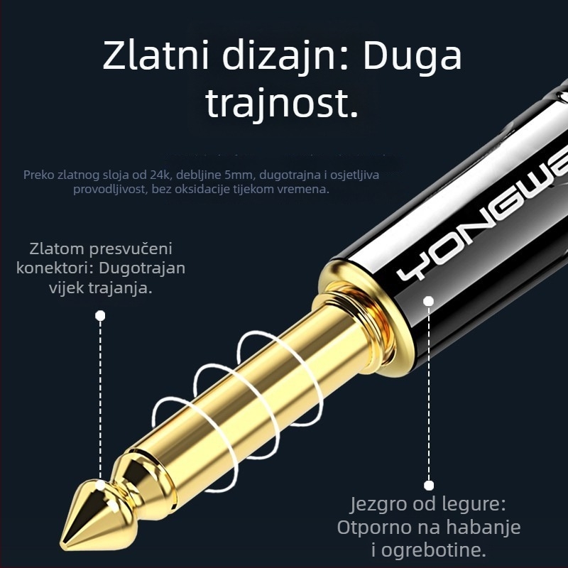 Yongwei Konektor za Bass Gitare – eksplozivan zvuk, 6,5 mm utikač, bakar zlatni premaz 6,35 mm, dvovodični, redukcija buke