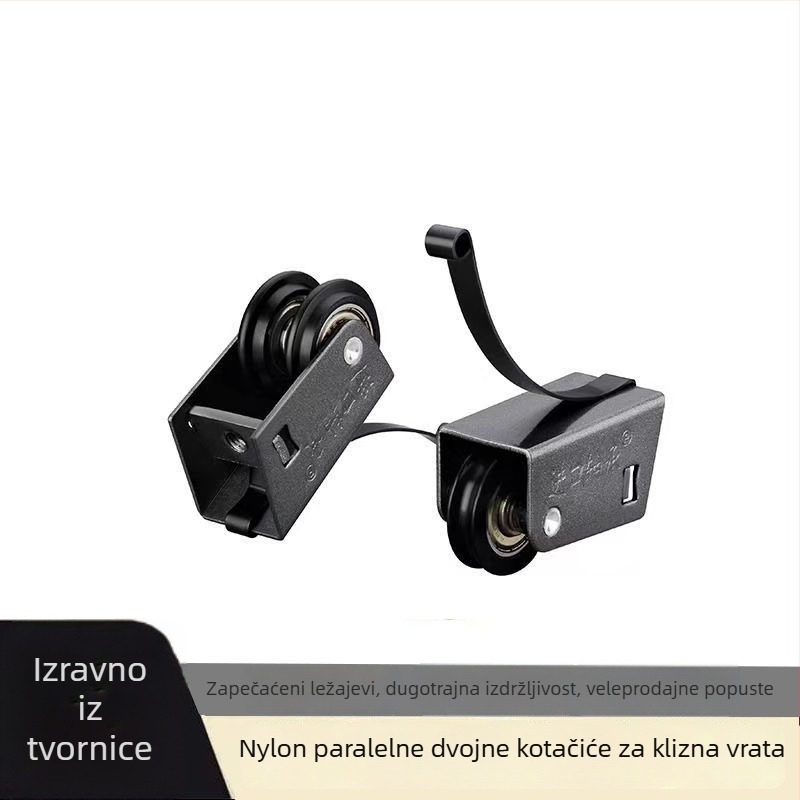 Klizni sustav za staklena vrata s dvostrukim žlijebom, bočni par dvostrukih koluta, nosivost 80 kg, debljina zida 12 mm, za vrata i prozore, OEM logo