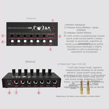 6-kanalni/8-kanalni audio mikser, kompaktni mini mikser za glazbene instrumente, kućište od aluminijske legure i ABS-a