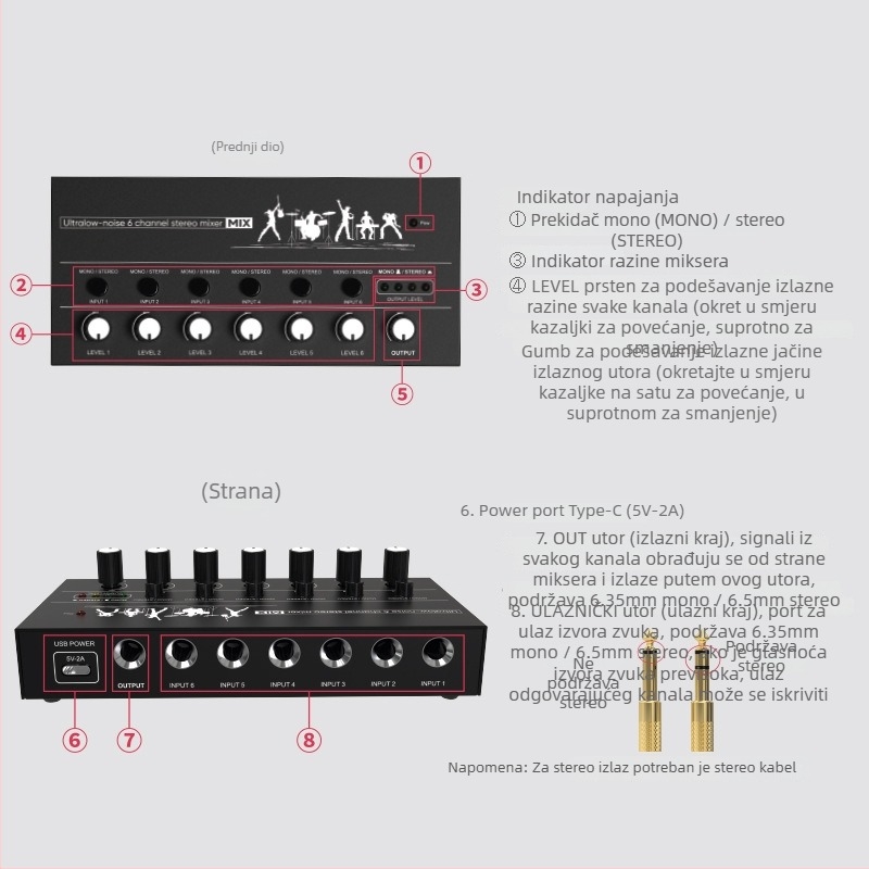 6-kanalni/8-kanalni audio mikser, kompaktni mini mikser za glazbene instrumente, kućište od aluminijske legure i ABS-a