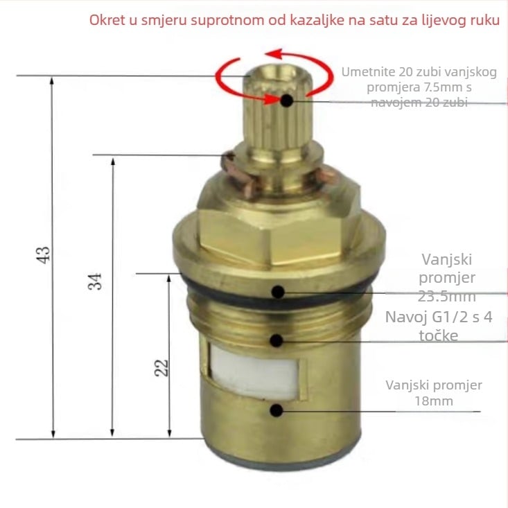 LX6778 Laboratorijsko jezgro ventila – bakar, 90° okret, maksimalna temperatura 90°C
