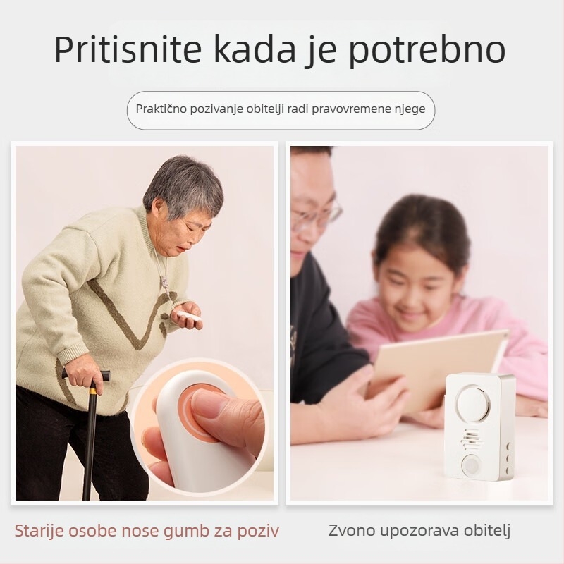 Bežični zvon za njegu starijih — poziv uz krevet, daljinsko upravljanje, alarm u hitnim slučajevima jednim gumbom, 5V 1A, polifonični zvuk (38 melodija), pogodno za kućnu njegu.