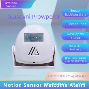 Pametni zvučnik za vrata sa senzorom pokreta, model 5301, napajanje 4,5V DC, baterijsko ili vanjsko napajanje, 38 melodija i alarm, poruka dobrodošlice