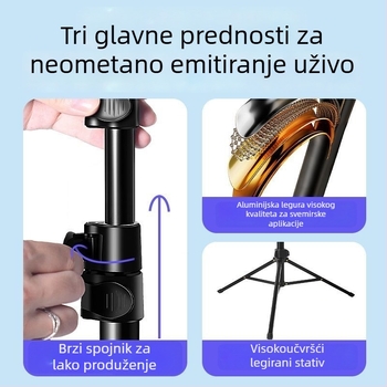 Teleskopska selfie palica i tripod za mobilni telefon i livestream; materijal: aluminijska legura; 5 odjeljaka; nosivost: 3 kg; promjeri cijevi: 25-22-19-16-13 mm