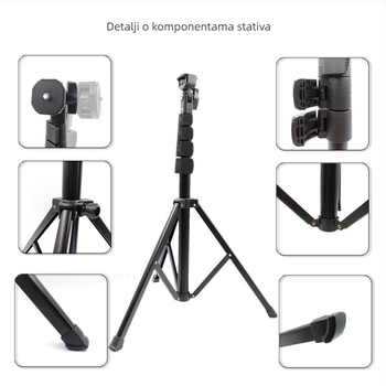 Teleskopska selfie palica i tripod za mobilni telefon i livestream; materijal: aluminijska legura; 5 odjeljaka; nosivost: 3 kg; promjeri cijevi: 25-22-19-16-13 mm