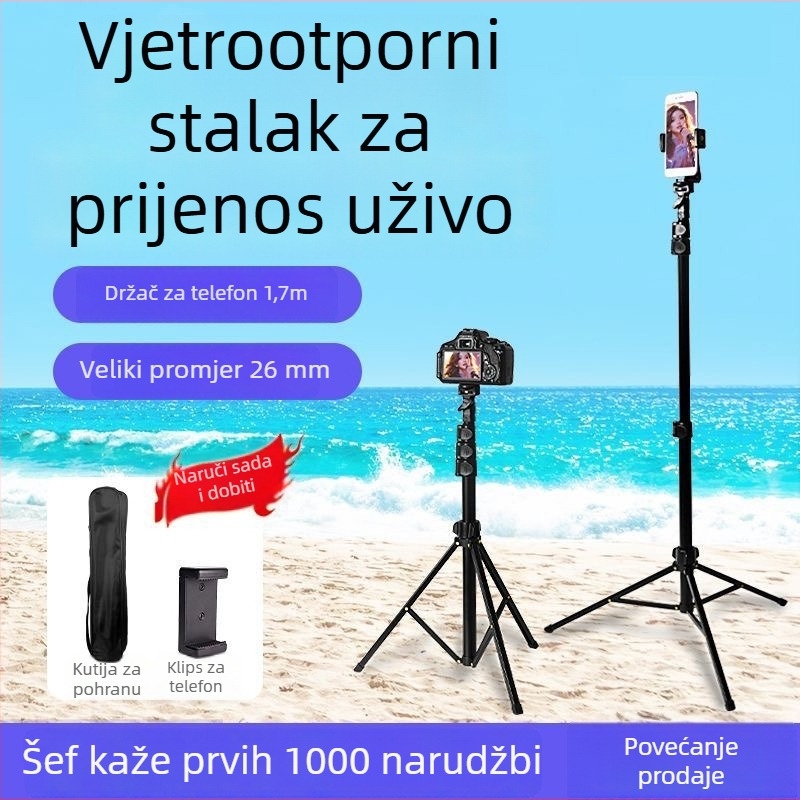 Teleskopska selfie palica i tripod za mobilni telefon i livestream; materijal: aluminijska legura; 5 odjeljaka; nosivost: 3 kg; promjeri cijevi: 25-22-19-16-13 mm