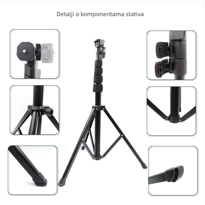 Teleskopska selfie palica i tripod za mobilni telefon i livestream; materijal: aluminijska legura; 5 odjeljaka; nosivost: 3 kg; promjeri cijevi: 25-22-19-16-13 mm