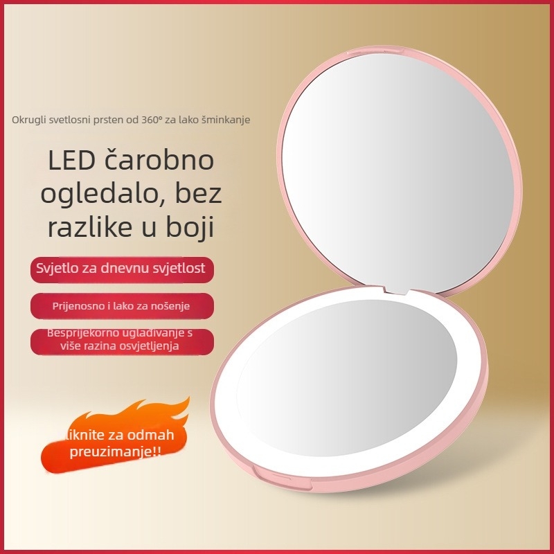 Toktik LED ogledalo za šminku s osvjetljenjem, prijenosno sklopivo – okvir od ABS-a, srebrno ogledalo, otisak logotipa, prilagodba dostupna