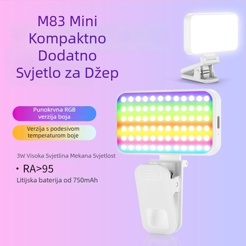 RGB svjetlo za ispunjavanje — Mini kvadratno svjetlo za mobilno livestreamanje, ugrađena baterija, model M83/M83RGB, USB 5V/1A, regulirana boja 2500K–9900K