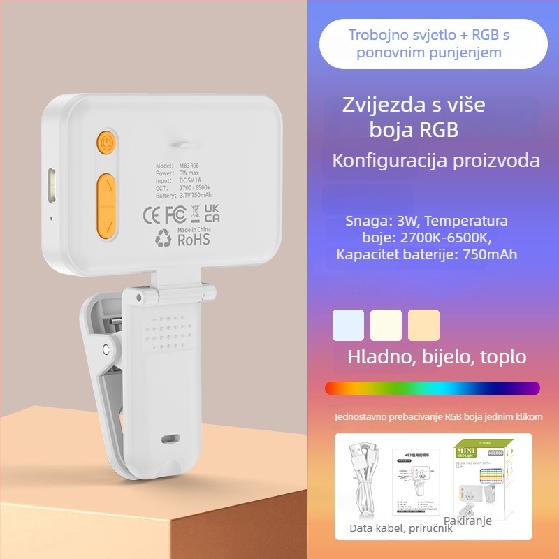 RGB svjetlo za ispunjavanje — Mini kvadratno svjetlo za mobilno livestreamanje, ugrađena baterija, model M83/M83RGB, USB 5V/1A, regulirana boja 2500K–9900K