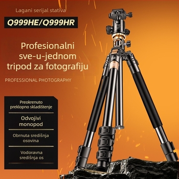 Lagani stativ s centrom osi i horizontalnim dizajnom za mobilne telefone i DSLR, 4 sekcije, aluminijska legura, kuglasta glava, pločica za brzo oslobađanje, nosivost 6–10 kg