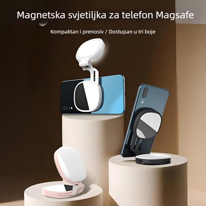MagSafe magnetsko svjetlo za telefon za selfie, uživo i fotografiju — prijenosno sklopivo džepno svjetlo s ogledalom za šminku; podesiva temperatura boje 2500K–9900K