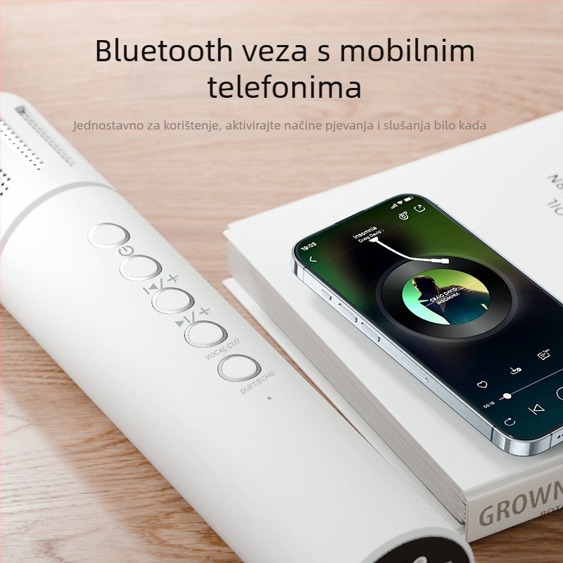 Bežični karaoke mikrofon s ugrađenim zvučnikom, Bluetooth 5.0, 6W, 1200–2000 mAh, 100 Hz–20 kHz