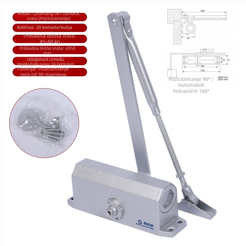 Zatvarač vrata od aluminijske legure, automatska hidraulika, tih buffer, za protupožarna vrata, moderan stil