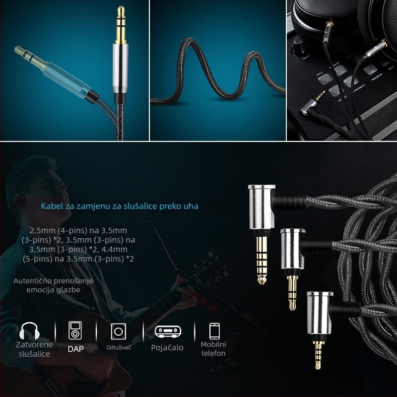 Slušnički audio kabel s dvostrukim 3,5 mm priključcima, balansirani izlaz 4.4/2.5, najlon jezgro, bakar bez kisika, model WT2 WT23