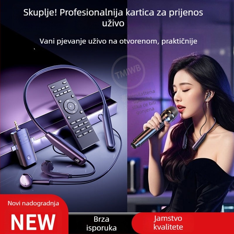 Bežični zvučna kartica i slušalice all-in-one za live streaming – model O10, dizajn za nošenje oko vrata, mikrofon za uživo prijenos, izmjenjiva baterija 300–500 mAh, trajanje 3–6 h