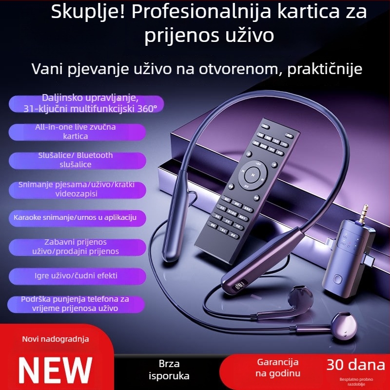 Bežični zvučna kartica i slušalice all-in-one za live streaming – model O10, dizajn za nošenje oko vrata, mikrofon za uživo prijenos, izmjenjiva baterija 300–500 mAh, trajanje 3–6 h