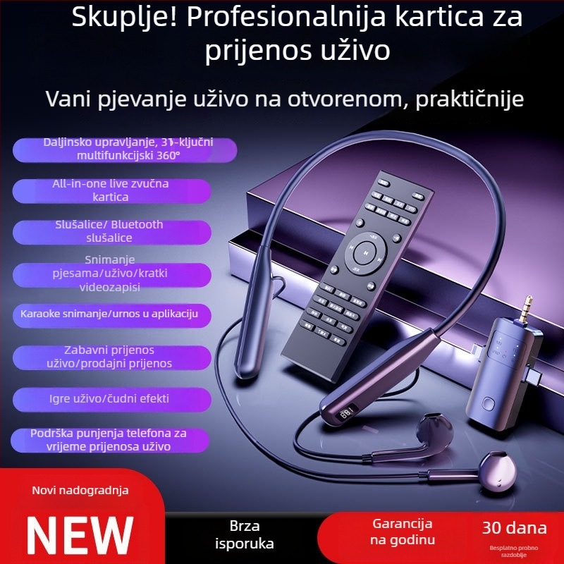 Bežični zvučna kartica i slušalice all-in-one za live streaming – model O10, dizajn za nošenje oko vrata, mikrofon za uživo prijenos, izmjenjiva baterija 300–500 mAh, trajanje 3–6 h