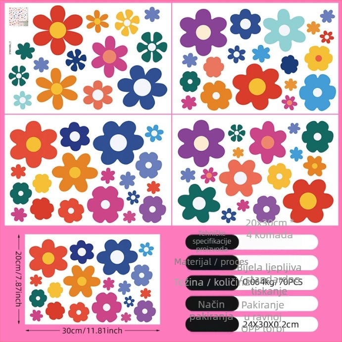 Naljepnice za zid dječje sobe – PVC, 4 komada, Tuya, uzorak biljke i cvijeća, dekorativne naljepnice za zid
