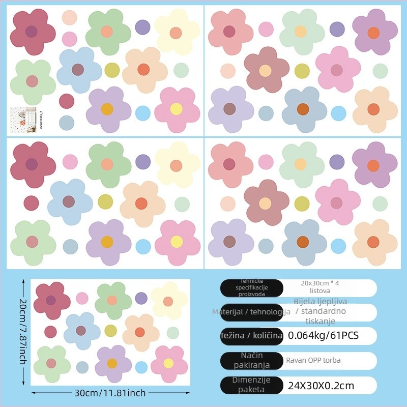 Naljepnice za zid dječje sobe – PVC, 4 komada, Tuya, uzorak biljke i cvijeća, dekorativne naljepnice za zid
