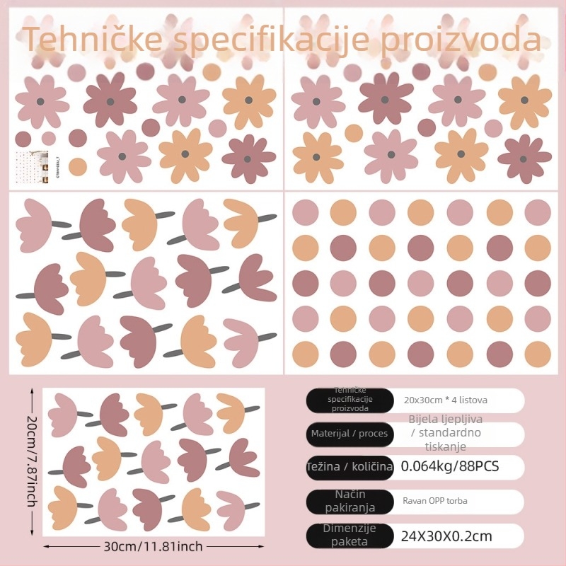 Naljepnice za zid dječje sobe – PVC, 4 komada, Tuya, uzorak biljke i cvijeća, dekorativne naljepnice za zid