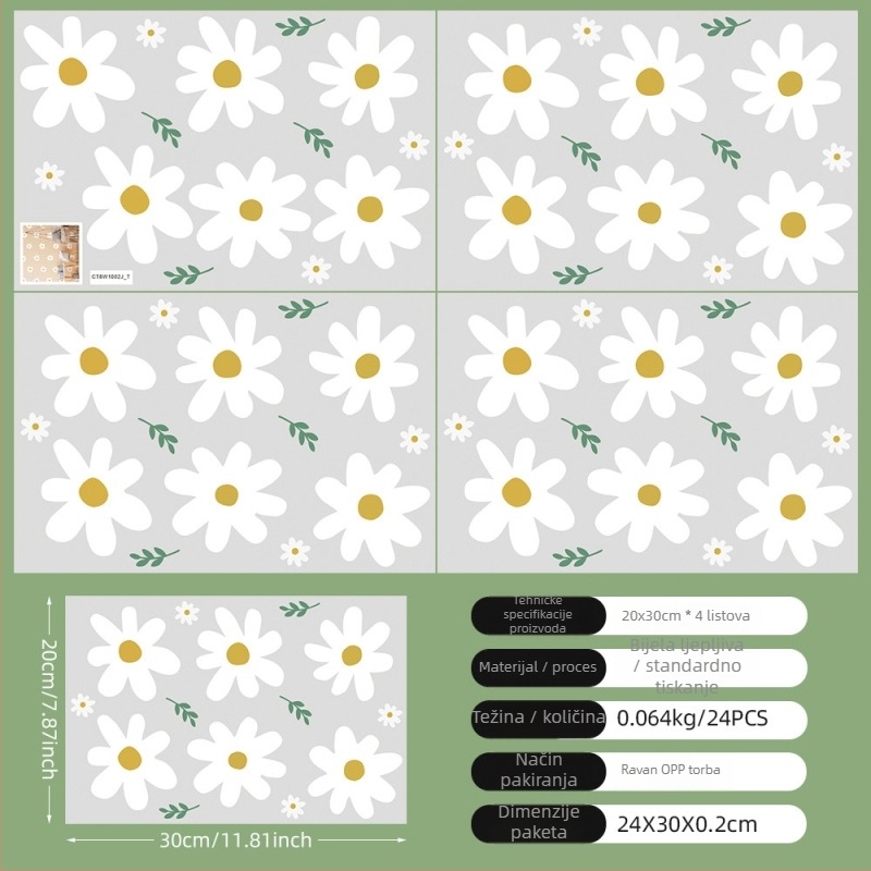 Naljepnice za zid dječje sobe – PVC, 4 komada, Tuya, uzorak biljke i cvijeća, dekorativne naljepnice za zid