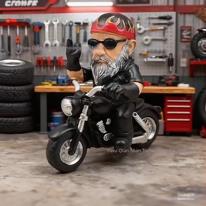 Zabavna minijaturna figurica patuljka na motociklu sa srednjim prstom, za vrt, dom i ured