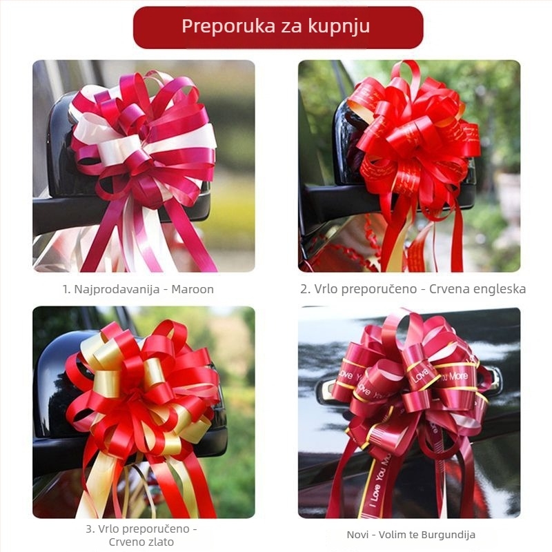 Vjenčana dekoracija automobila s trakama i cvijećem — Marka: Happy in red; Materijal: Plastika; Vrsta materijala: Traka; Prigoda: Vjenčanje; Kategorija: Rekviziti za uređenje prostora